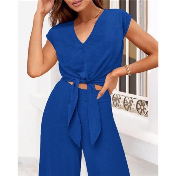 🌴 Women’s 2-Piece Pant Set | V-Neck Wrap Crop Top - Picture 4 of 6